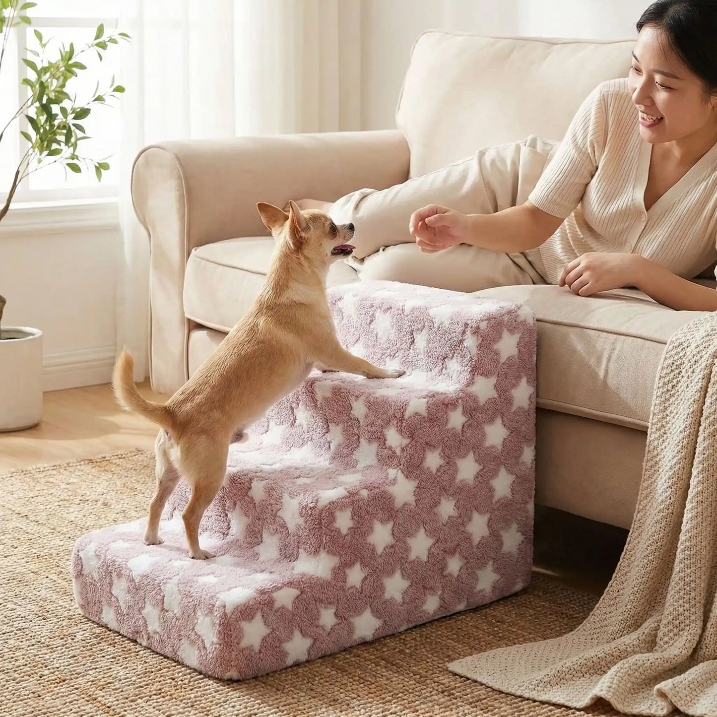 Escalier pour chien et chiot antidérapant, déhoussable lavable en machine avec mousse haute résilience à mémoire de forme pour protèger les articulations sensibles, sécurisé , confortable, résistant aux griffes pour petit et chien de moyenne taille-design velours sur le dessus ultra-doux et tissu en coton solide avec design étoiles-un chien de race Toy qui d monte confortablement sur l'escalier de 4 marches en mousse pour rejoindre sous les encouragement de sa maitresse le canapé du salon