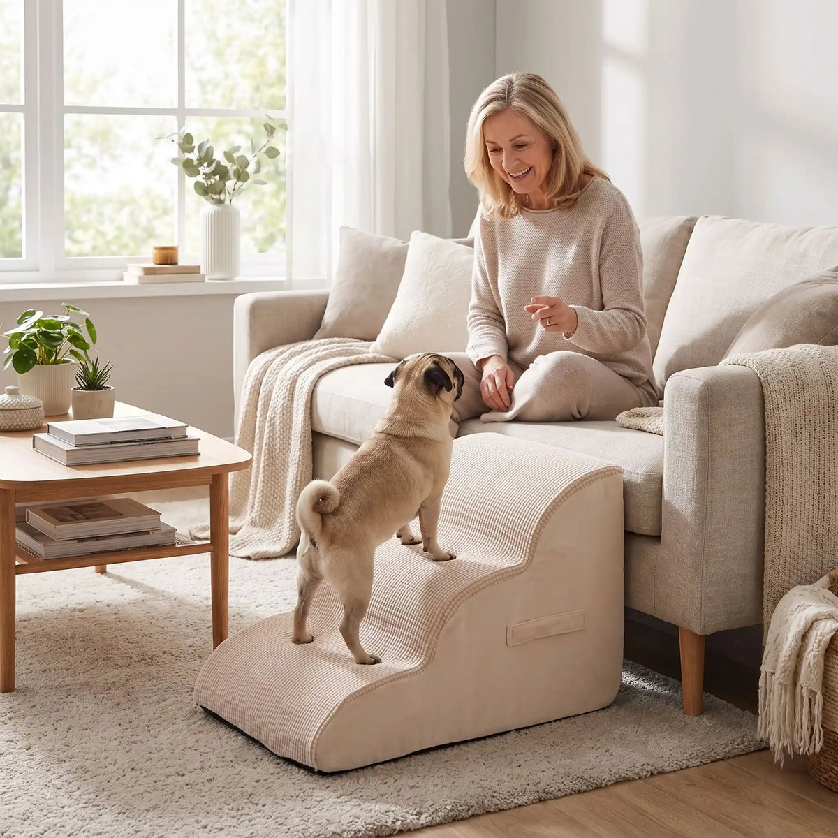Escaliers pour chien-chiot-en mousse, antidérapant, déhoussable lavable en machine avec mousse haute résilience à mémoire de forme pour protèger les articulations sensibles, sécurisé , confortable, résistant aux griffes pour petit et chien de moyenne taille, disponible en 2 modèles 2 marches et 3 marches-un chien de races à pattes courtes qui monte confortablement sur l'escalier de 3 marches en mousse beige pour rejoindre sa maitresse qui l'appelle, assise sur le canapé du salon de l'appartement