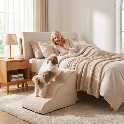 Escaliers pour chien-chiot-en mousse, antidérapant, déhoussable lavable en machine avec mousse haute résilience à mémoire de forme pour protèger les articulations sensibles, sécurisé , confortable, résistant aux griffes pour petit et chien de moyenne taille, disponible en 2 modèles 2 marches et 3 marches-un chien qui monte en toute sécurité  grâce à l'escalier de 3 marches en mousse beige pour rejoindre sa maitresse dans le lit de la chambre de la maison