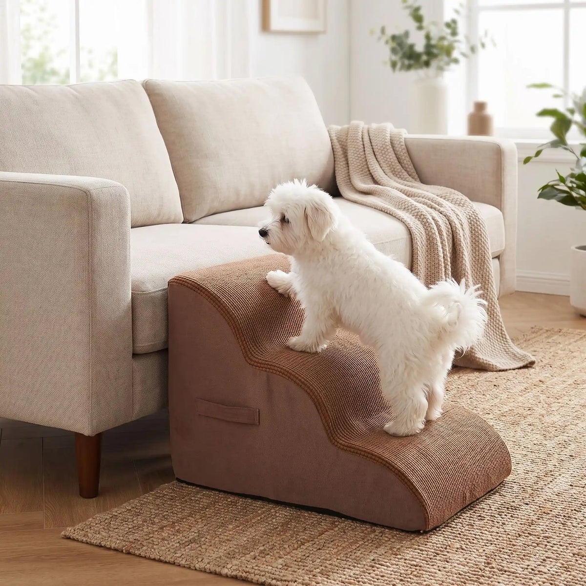 Escaliers pour chien-chiot-en mousse, antidérapant, déhoussable lavable en machine avec mousse haute résilience à mémoire de forme pour protèger les articulations sensibles, sécurisé , confortable, résistant aux griffes pour petit et chien de moyenne taille, disponible en 2 modèles 2 marches et 3 marches-un chien de petite race qui monte confortablement et de manière indépendante, sans aide; sur le canapé grâce à l'escalier de 3 marches en mousse marron dans le salon de la maison

