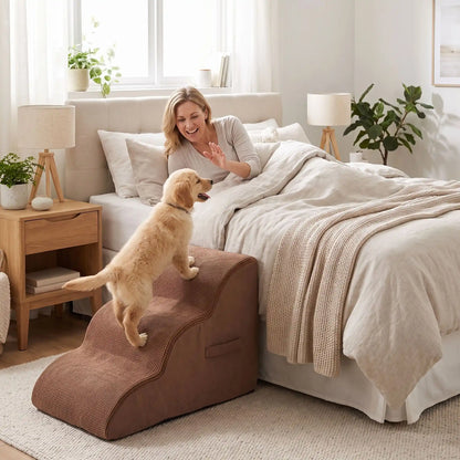 Escaliers pour chien-chiot-en mousse, antidérapant, déhoussable lavable en machine avec mousse haute résilience à mémoire de forme pour protèger les articulations sensibles, sécurisé , confortable, résistant aux griffes pour petit et chien de moyenne taille, disponible en 2 modèles 2 marches et 3 marches-un chiot de race moyenne qui monte confortablement sur l'escalier de 3 marches en mousse marron pour rejoindre sa maitresse qui l'appelle, pour un cododo dans son lit dans la chambre 
