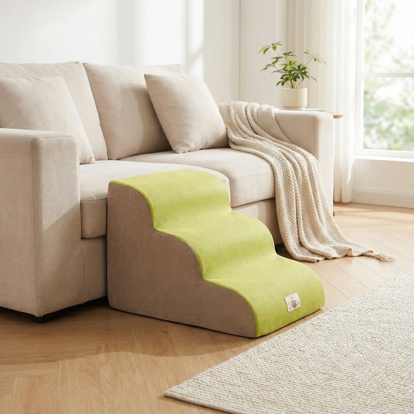 Escalier pour chien chiot antidérapant, déhoussable lavable en machine avec mousse haute résilience à mémoire de forme pour protèger les articulations sensibles, sécurisé , confortable, résistant aux griffes pour petit et chien de moyenne taille-design velours sur le dessus ultra-doux et tissu en coton solide- modèle 3 marches de couleur vert pour que le chien puisse rejoindre en toute sécurité le canapé du salon de l'appartement