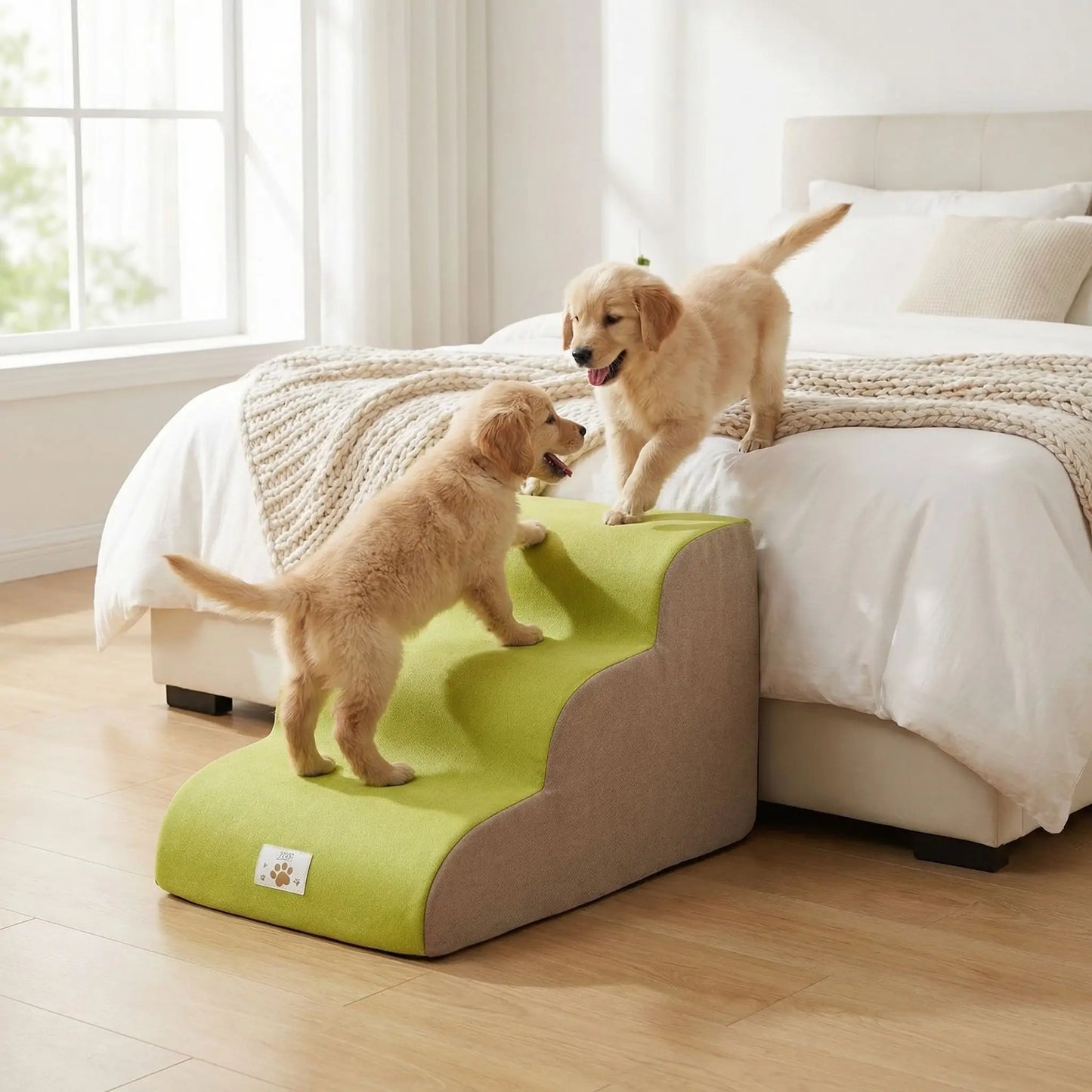 Escalier pour chien chiot antidérapant, déhoussable lavable en machine avec mousse haute résilience à mémoire de forme pour protèger les articulations sensibles, sécurisé , confortable, résistant aux griffes pour petit et chien de moyenne taille-design velours sur le dessus ultra-doux et tissu en coton solide-udeux chiot qui utiilsent le modèle 3 marches pour monter ou descendre du lit de leur maitre dans la chambre de l'appartement