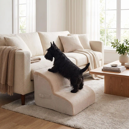 Escaliers pour chien-chiot-en mousse, antidérapant, déhoussable lavable en machine avec mousse haute résilience à mémoire de forme pour protèger les articulations sensibles, sécurisé , confortable, résistant aux griffes pour petit et chien de moyenne taille, disponible en 2 modèles 2 marches et 3 marches-un chien de race moyenne qui monte confortablement et de manière indépendante, sans aide; sur le canapé grâce à l'escalier de 2 marches en mousse beige dans le salon de la maison