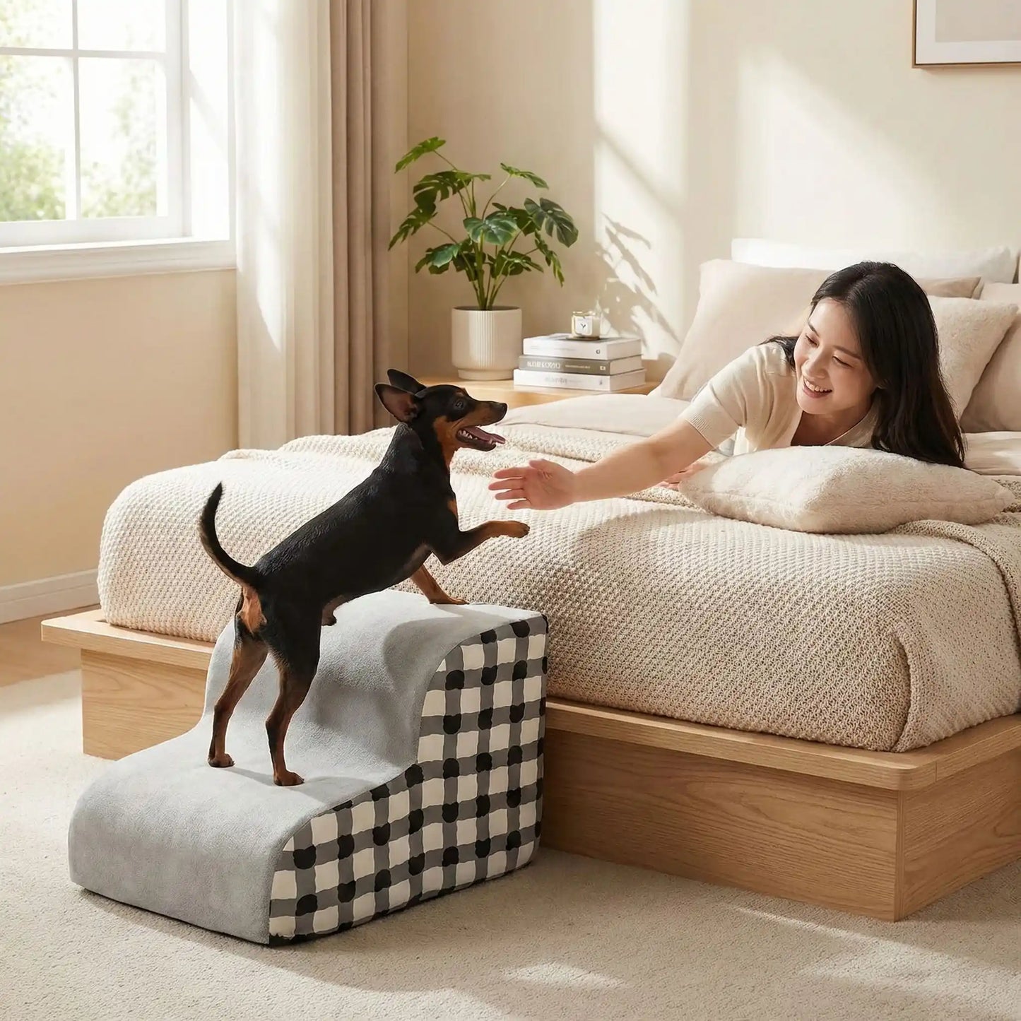 Escaliers-pour_chien-chiot-antidérapant, déhoussable lavable en machine avec mousse haute résilience à mémoire de forme pour protèger les articulations sensibles, sécurisé , confortable, résistant aux griffes pour petit et chien de moyenne taille-design velours sur le dessus ultra-doux et tissu en coton solide, style damier noir et blanc-un chien de race Toy qui monte en courant sur l'escalier de 2 marches pour aller sur le lit en toute sécurité et rejoindre sa maitresse qui se repose sur le lit 