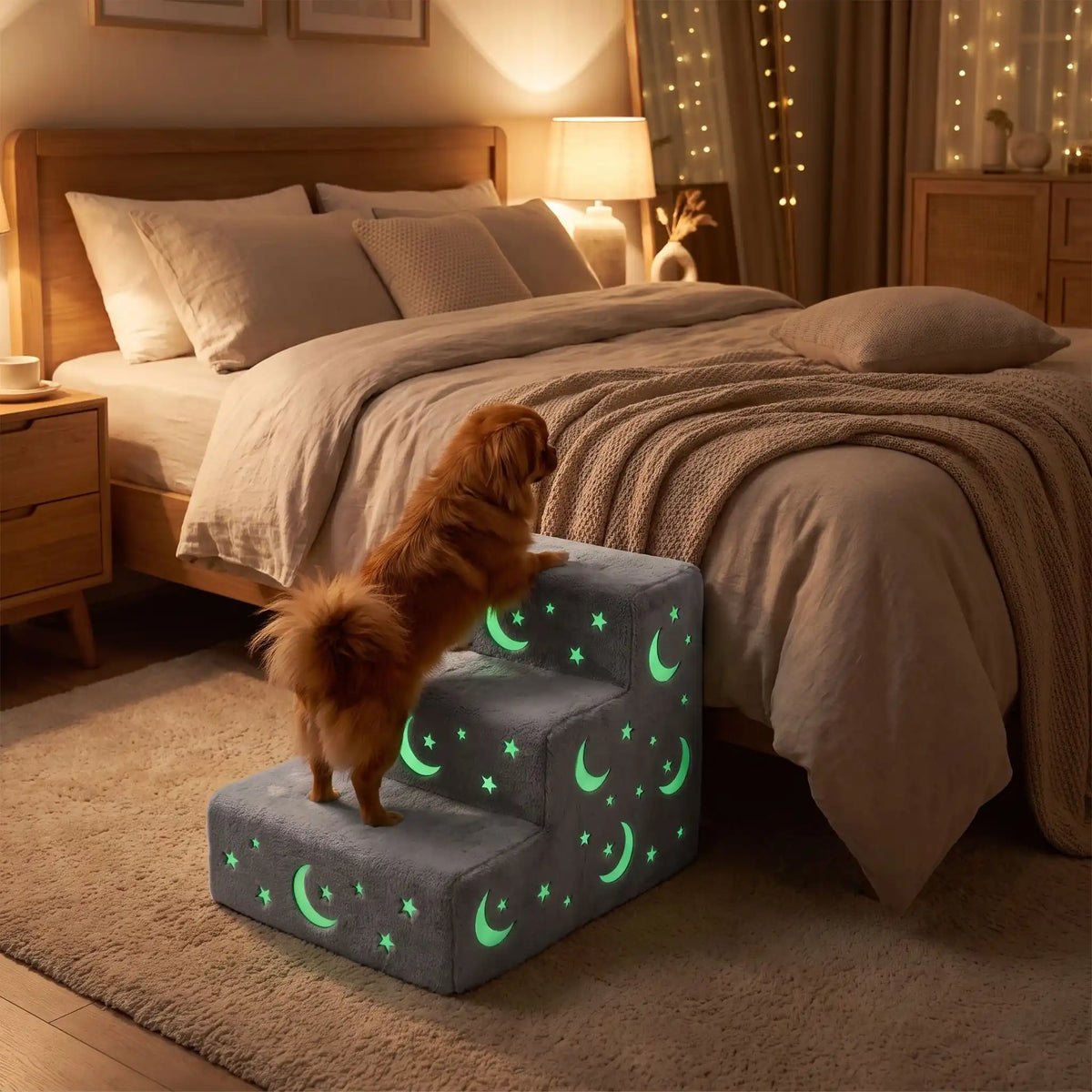 Escaliers pour-chiens, chiot, antidérapant, déhoussable lavable en machine avec mousse coton haute résilience à mémoire de forme pour protèger les articulations sensibles, sécurisé , confortable, résistant aux griffes pour petit et chien de moyenne taille-housse en velours ultra-doux avec motif étoiles et lunes phosphorescent -un chien nain qui monte sur l'escalier de 3 hautes marches en mousse avec ses motifs phosphorescents qui brillent dans le noir pour rejoindre en toute sécurité le lit de ses maitres 