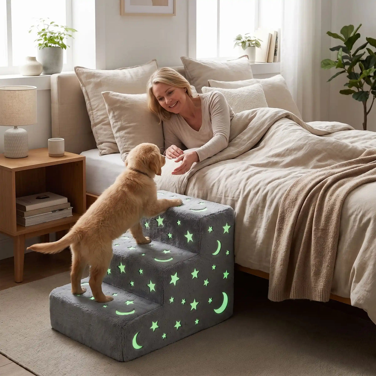 Escaliers pour-chiens, chiot, antidérapant, déhoussable lavable en machine avec mousse coton haute résilience à mémoire de forme pour protèger les articulations sensibles, sécurisé , confortable, résistant aux griffes pour petit et chien de moyenne taille-housse en velours ultra-doux avec motif étoiles et lunes phosphorescent -un petit chien qui monte sur l'escalier de 3 hautes marches en mousse avec ses motifs phosphorescents qui brillent en douceur pour rejoindre en toute sécurité le lit de ses maitres 