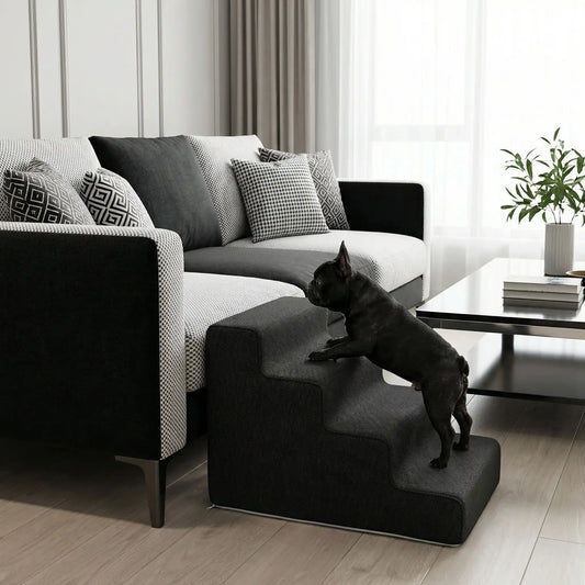Escaliers pour chiens et chiot antidérapant, déhoussable lavable en machine avec mousse haute résilience à mémoire de forme pour protèger les articulations sensibles, sécurisé , confortable, résistant aux griffes pour petit et chien de moyenne taille-design velours sur le dessus ultra-doux et tissu en coton solide-un bouledogue français qui monte sur l'escalier de 4 marches en mousse pour rejoindre en toute sécurité le canapé du salon de la maison