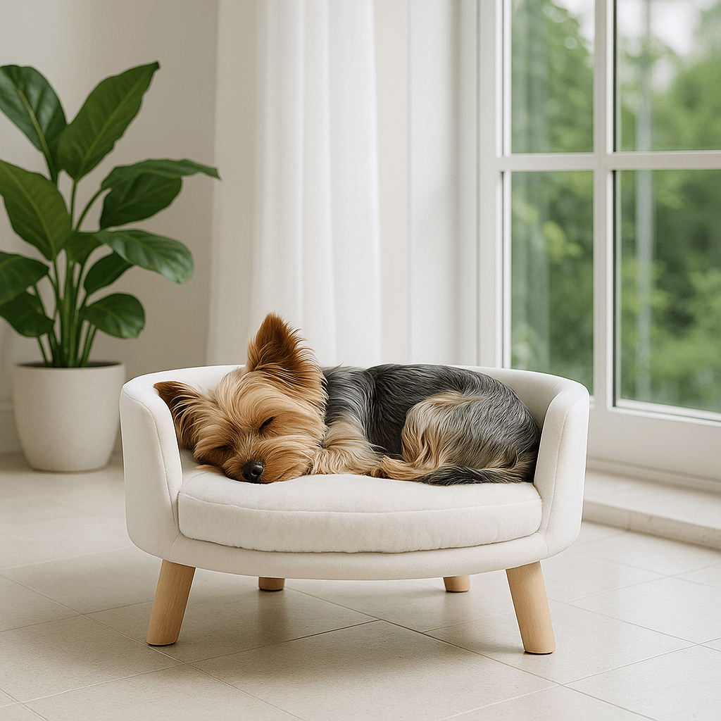 Fauteuil-pour-chien-imperméable-anti-stress-structure en bois naturel-coussin intérieur amovible, déhoussable et lavable en machine-surface douillette en peluche hypoallergénique rembourré 100% coton haute densité-sur pied en bois robuste et antidérapant-dossier arrondi et entourant-sécurisant et ergonomique-un chien de petite taille qui dort en boule paisiblement sur son mini canapé au design scandinave de couleur crème-surélevé dans la véranda de l'appartement