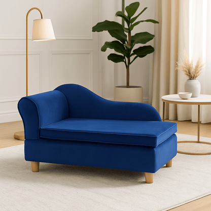 Fauteuil-pour-chien-chiot-lavable-un canapé design pour petit chien bleu roi en velours et bois massif avec pieds et coffre de rangement intégré-pour petit chien-chihuahua-Teckel miniature-Schnauzer-caniche nain-bichon frisé-
 Cairn terrier-Jack Russel- Pinscher nain-Coton de Tuléar-Shih tzu-Loulou de poméranie-Lhassa Apso-Yorkshire-Affenpinscher-Épagneul Papillon-Épagneul nain-terrier australien-Petit brabançon