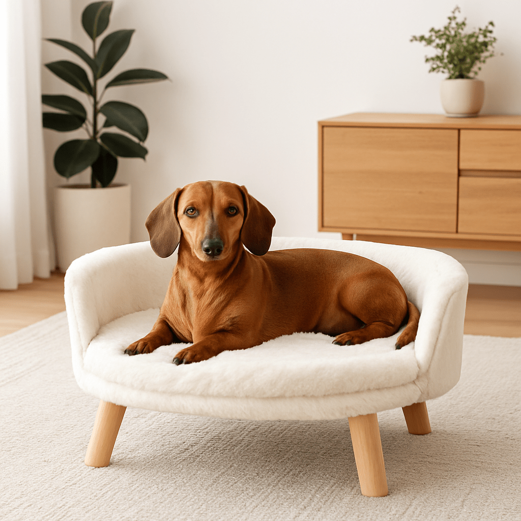 Fauteuil-pour-chien-imperméable-anti-stress-structure en bois naturel-coussin intérieur amovible, déhoussable et lavable en machine-surface douillette en peluche hypoallergénique rembourré 100% coton haute densité-sur pied en bois robuste et antidérapant-dossier arrondi et entourant-sécurisant et ergonomique-un chein nain qui se repose couché paisiblement sur son mini canapé au design scandinave de couleur crème-surélevé dans la chambre de la maison
