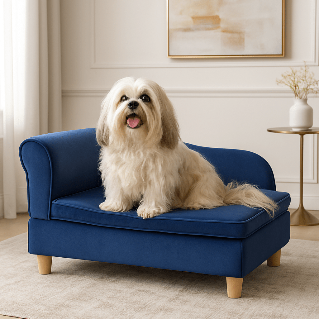 Fauteuil-pour-chien-déhoussable et lavable avec coussin amovible sur structure en bois massif et revêtement en velours résistant aux griffes-un Lhassa Apso assis confortablement sur son divan design de couleur bleu roi avec pieds en bois dans le salon de la maison