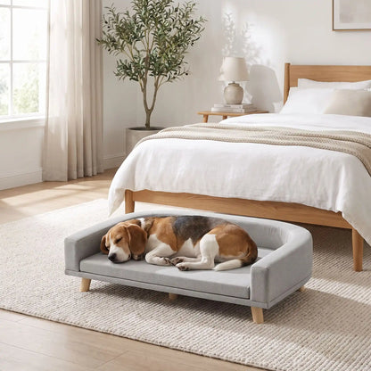 Fauteuil-pour-chien-design-bois-massif-velours, coussin amovible déhoussable et lavable, matelas orthopédique à mémoire de forme en éponge coton haute densité d'épaisseur de 4 cm, structure robuste en bois massif au design moderne et lignes arrondies et épurées avec dossier et acoudoirs enveloppants de couleur gris et pieds en bois naturel, style scandinave pour chiot et chien de petite à moyenne taille- un chien moyen qui dort paisiblement sur le flanc sur le fauteuil surélevé au pied du lit de ses maitres