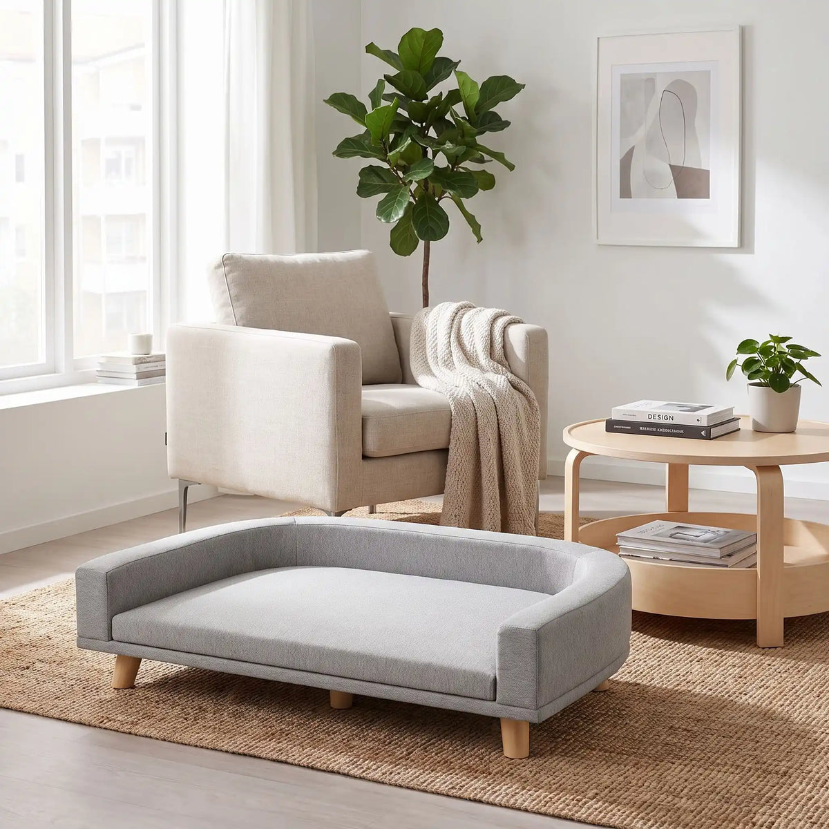 Fauteuil-pour-chien-design-bois-massif-velours, coussin amovible déhoussable et lavable, matelas orthopédique à mémoire de forme en éponge coton haute densité d'épaisseur de 4 cm, structure robuste en bois massif au design moderne et lignes arrondies et épurées avec dossier et acoudoirs enveloppants de couleur gris et pieds en bois naturel, style scandinave pour chiot et chien de petite à moyenne taille- gros plan sur le fauteuil gris au design épuré en bois massif naturel et velours doux et respirant 