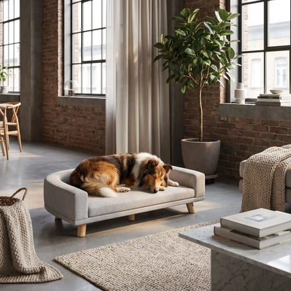 Fauteuil-pour-chien-design-bois-massif-velours, coussin amovible déhoussable et lavable, matelas orthopédique à mémoire de forme en éponge coton haute densité d'épaisseur de 4 cm, structure robuste en bois massif au design moderne et lignes arrondies et épurées avec dossier et acoudoirs enveloppants de couleur gris et pieds en bois naturel, style scandinave pour chiot et chien de petite à moyenne taille- un chien de race moyenne qui dort paisiblement niché dans son canapé surélévé dans le loft