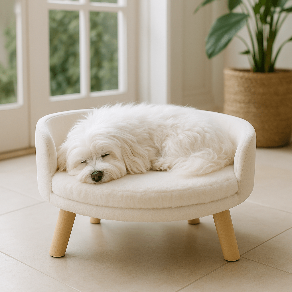 Fauteuil-pour-chien-imperméable-anti-stress-structure en bois naturel-coussin intérieur amovible, déhoussable et lavable en machine-surface douillette en peluche hypoallergénique rembourré 100% coton haute densité-sur pied en bois robuste et antidérapant-dossier arrondi et entourant-sécurisant et ergonomique-un petit chien à longs poils qui dort en boule paisiblement sur son mini canapé au design scandinave de couleur crème-surélevé dans la véranda de la maison
