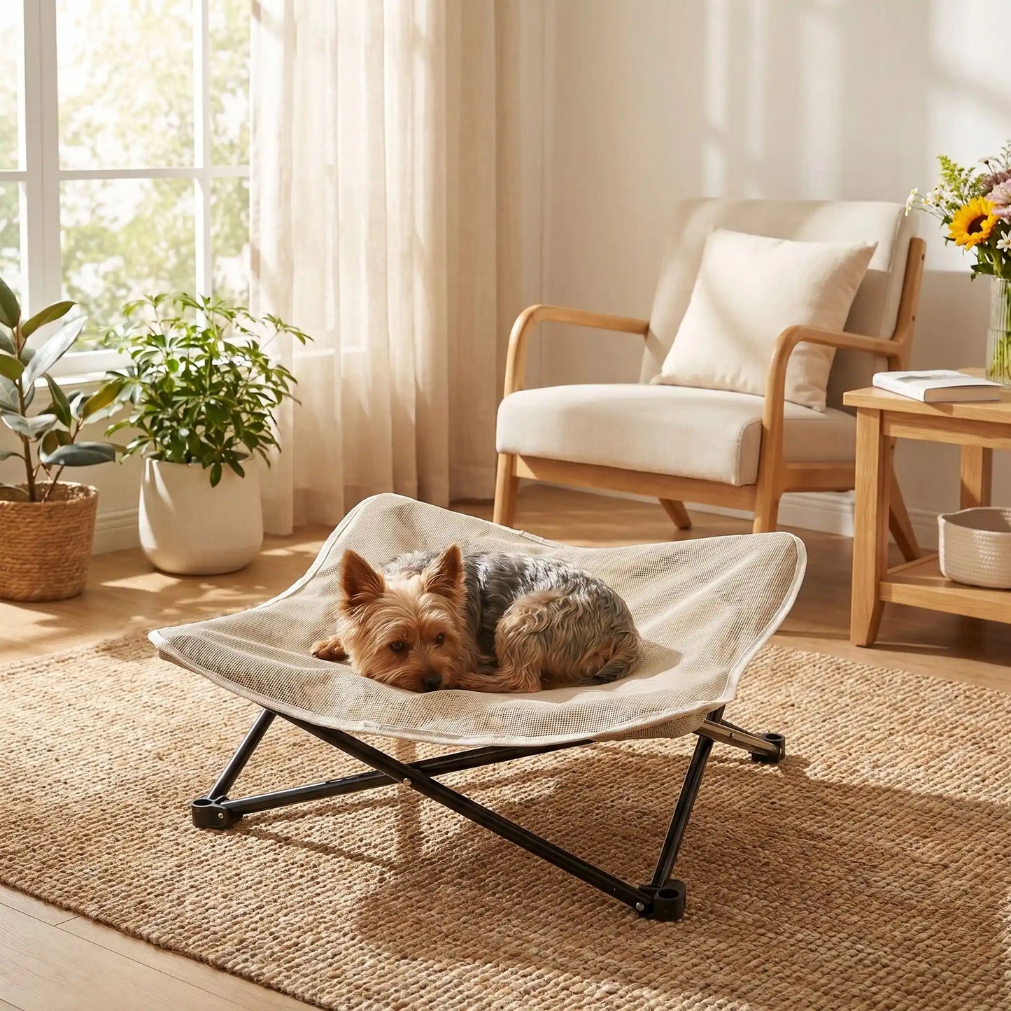 Fauteuil-pour-petit-chien-camping-chaise pour chien beige ou noir, lit de camp carré avec tissu déhoussable imperméable et lavable, en maille respirante pour un lit rafraichissant en été structure en acier inoxydable solide et pliant pour une utilisation partout en intérieur et extérieur pour chiot et chien de petite race de 0 à 5 kilos-un chien de petite taille qui dort couché en boule au frais sur son lit surélevé sur pied en toile respirante dans le salon de l'appartement en été