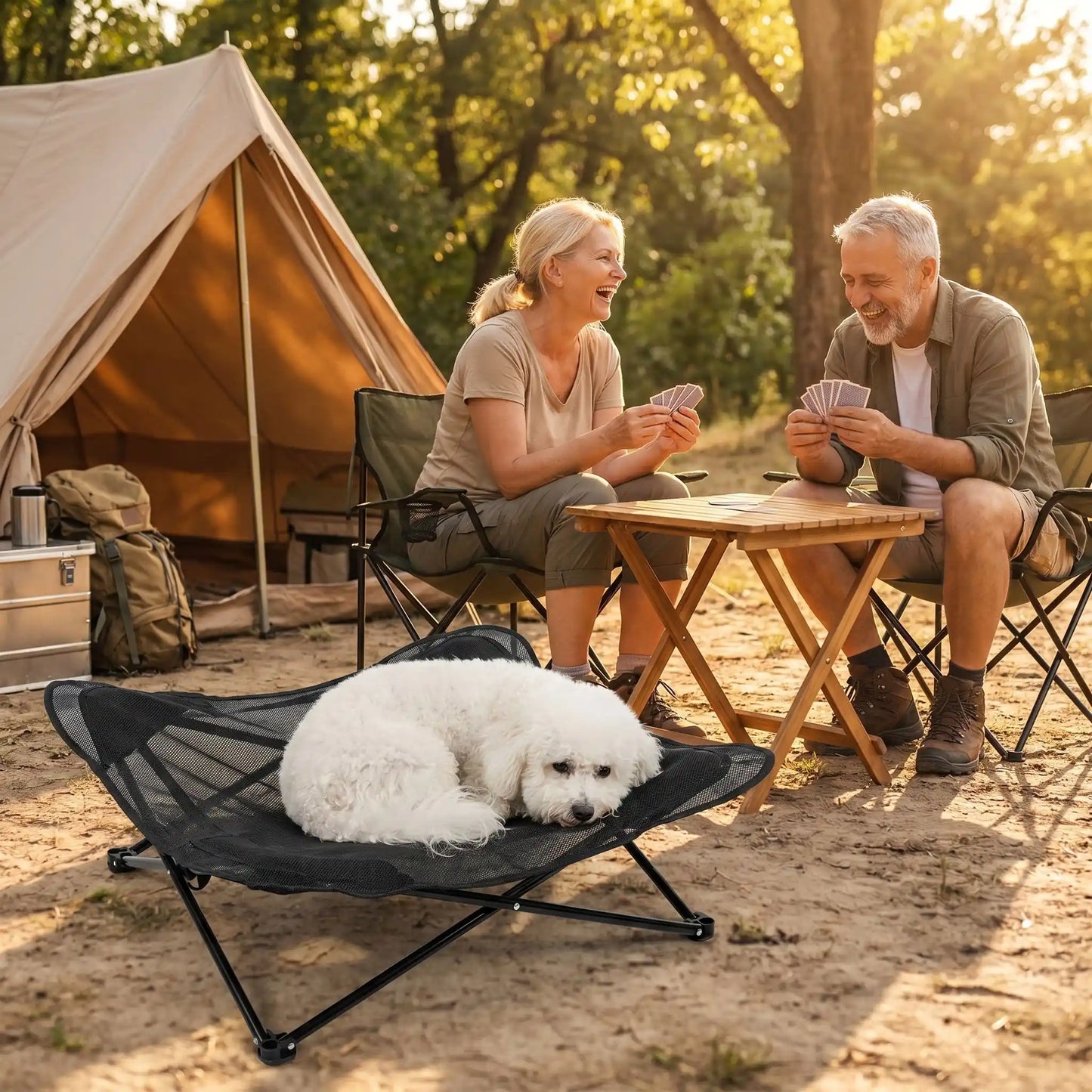 Fauteuil-pour-petit-chien-camping-chaise pour chien beige ou noir, lit de camp carré avec tissu déhoussable imperméable et lavable, en maille respirante pour un lit rafraichissant en été structure en acier inoxydable solide et pliant pour une utilisation partout en intérieur et extérieur pour chiot et chien de petite race de 0 à 5 kilos-un chien de petite taille qui dort couché en boule au frais sur son lit de camp à côté de ses maitres qui jouent aux cartes devant leur tente dans le camping en forêt en été
