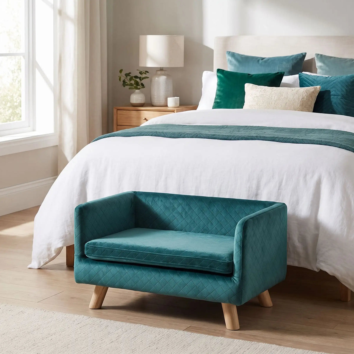 Fauteuil-pour-petit-chien-chiot-cocon- de petite taille de 0 à 8 kilos, structure en bois avec 4 pieds de bouleau robuste, dossier et accoudoir en U design nordique , 100 coton, toucher velours quadrillé pour un effet chic, matelas d'assise rectangulaire amovible en mousse 100% coton haute densité ergonomqiue déhoussable et lavable en machine, imperméable et résistant aux griffes-gros plan sur le petit fauteuil design de couleur bleu canard surélevé sur 4 pieds en bois de bouleau et housse en velours doux 