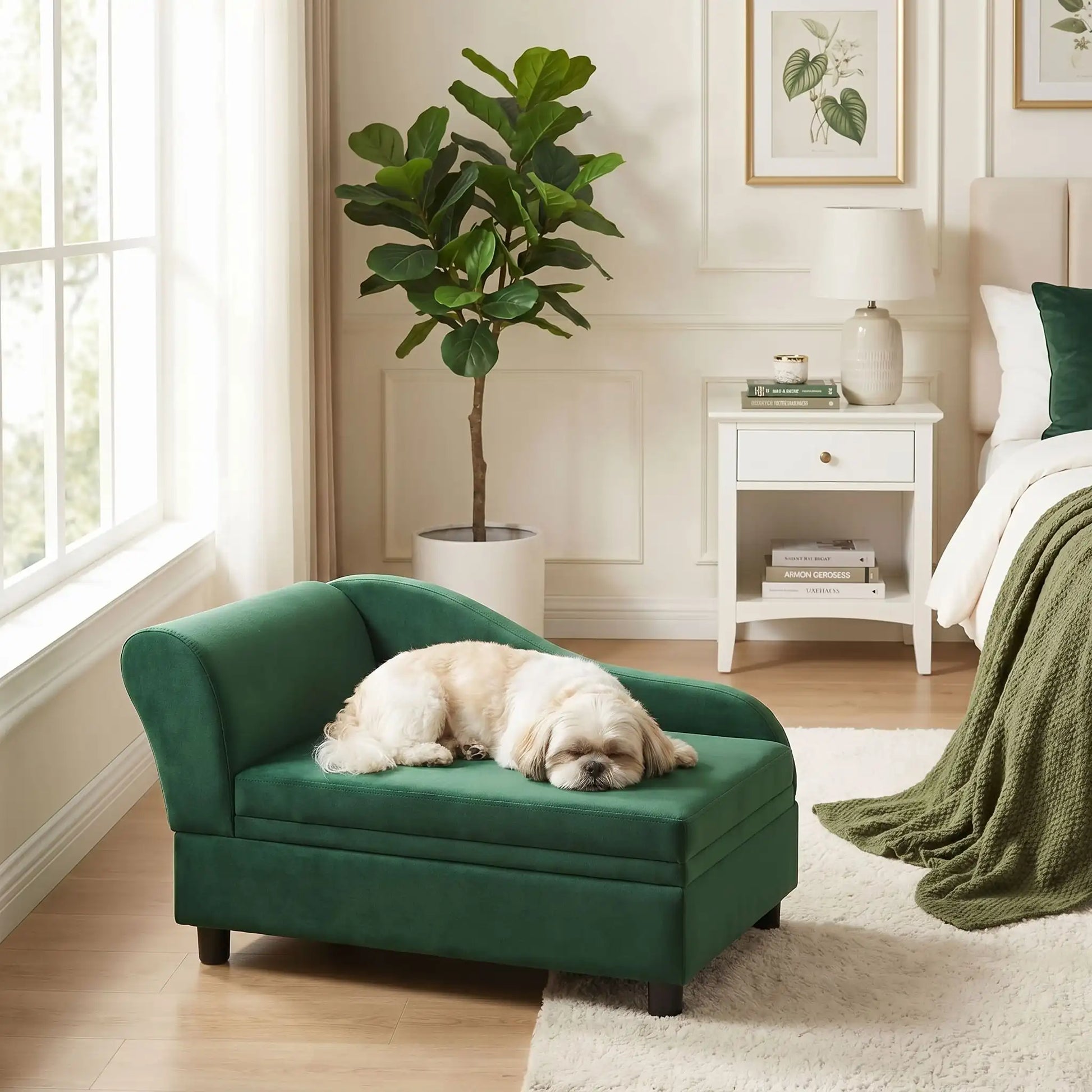 Fauteuil-pour-petit-chien-avec-coffre-de-rangement sous l'assise, canapé lit rectangulaire avec matelas en éponge haute résilience déhoussable et lavable en machine pour chien de petite taille en bois d'eucalyptus et housse en velours et nylon ultra doux mais résistant aux griffes- un chien de petite taille qui dort paisiblement sur le petit canapé lit avec dossier et coussin déhoussable en éponge épaisse en coton sur 4 pieds de couleur vert olive dans le salon de l'appartement