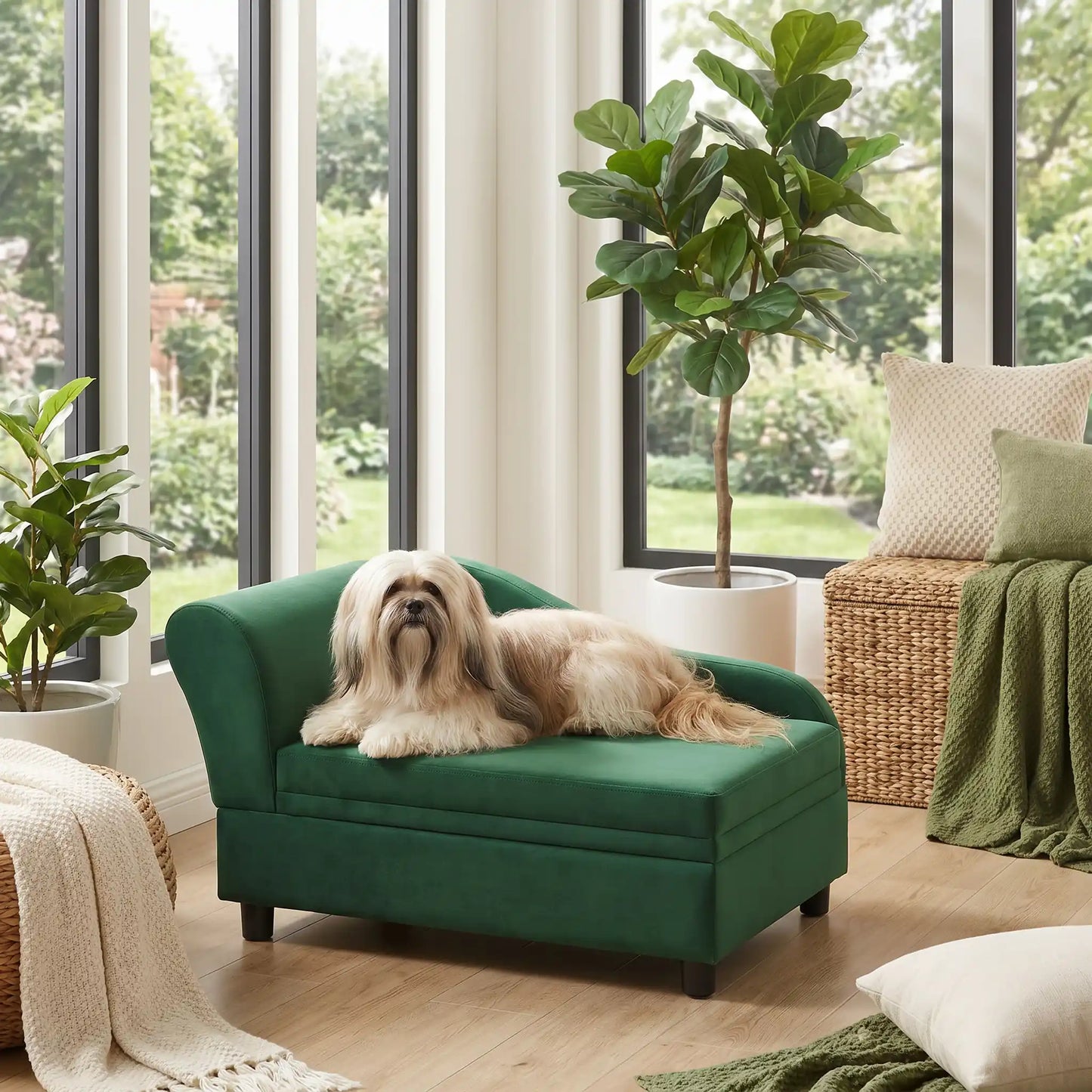 Fauteuil-pour-petit-chien-avec-coffre-de-rangement sous l'assise, canapé lit rectangulaire avec matelas en éponge haute résilience déhoussable et lavable en machine pour chien de petite taille en bois d'eucalyptus et housse en velours et nylon ultra doux mais résistant aux griffes- un petit chien à poils longs couché confortablement sur le petit canapé lit avec dossier et coussin déhoussable en éponge épaisse en coton sur 4 pieds de couleur vert olive dans la véranda de la maison