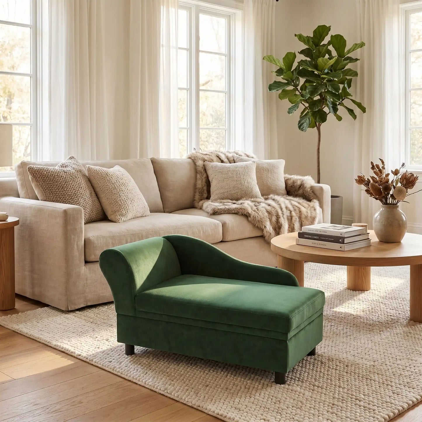 Fauteuil-pour-petit-chien-avec-coffre-de-rangement sous l'assise, canapé lit rectangulaire avec matelas en éponge haute résilience déhoussable et lavable en machine pour chien de petite taille en bois d'eucalyptus et housse en velours et nylon ultra doux mais résistant aux griffes- gros plan sur le fauteuil sur pied avec méridienne pour chiot et petit chien avec le coffre de rangement sous l'assise dans le salon de la maison