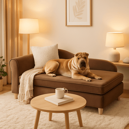 Fauteuils-pour-chiens-avec-coffre-de-rangement-en bois massif et velours résistant aux griffes sur pieds robuste-un chien moyen confortablement couché sur son canapé lit design pour petit à chien de moyenne taille dans le salon de la masion