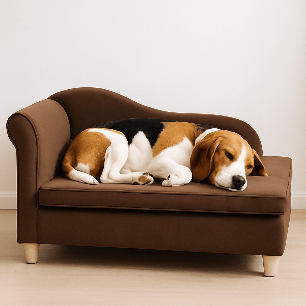 Fauteuils-pour-chiens-avec-pied-en bois massif et velours doux de couleur marron-dossier en L avec accoudoir design et coffre de rangement-un chien de taille moyenne qui dort paisiblement sur son sofa avec matelas en éponge haute densité lavable et déhoussable 