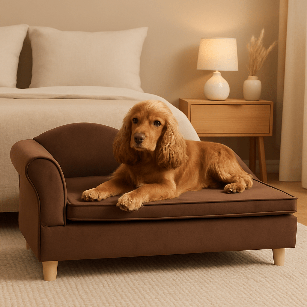 Fauteuils-pour-chiens-lit-surélevé-un chien moyen confortablement couché sur le canapé design avec dossier accoudoir et pied en bois massif et revêtement en velours doux et son coffre de rangement intégré dans la chambre de l'appartement