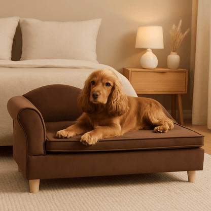 Fauteuils-pour-chiens-lit-surélevé-un chien moyen confortablement couché sur le canapé design avec dossier accoudoir et pied en bois massif et revêtement en velours doux et son coffre de rangement intégré dans la chambre de l'appartement