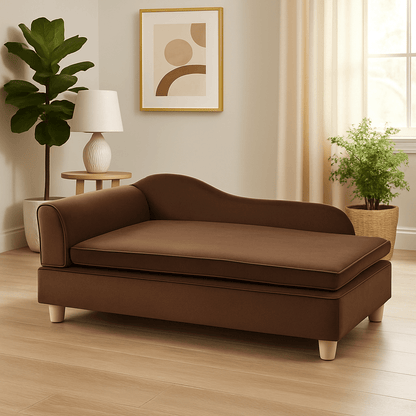 Fauteuils-pour-chiens-marron-avec matelas en éponge haute densité déhoussable et lavable en machine-structure en bois massif et revêtement en velours imperméable et résistant aux griffes-divan design avec pied et coffre de rangement dissimilé de couleur marron pour petit à chien de taille moyenne 