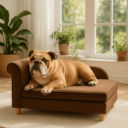 Fauteuils-pour-chiens-taille-M-un chien moyen couché sur son canapé lit sur pied en bois massif et velours avec matelas haute densité déhoussable et lavable en machine dans le salon de la maison