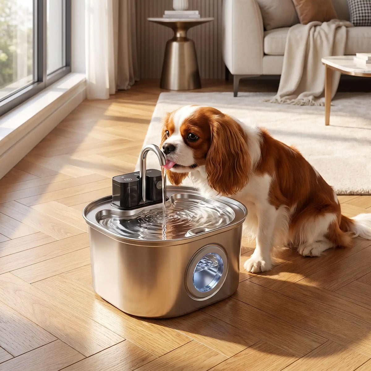 Fontaine-à-eau-chien-distributeur-automatique-inox 304D avec robinet verseur, avec batterie longue durée, rechargeable par USB, sans fil transportable, capacité de 3,2 litres, avec capteur de mouvement, 3 programmes : eau en continue, intermitence ou automatique avec filtre à 3 niveaux (charbon, coton, ions et éponge) design hublot sur le devant pour voir le niveau d'eau-un chien de taille moyenne qui boit l'eau fraîche directement au robinet de la fontaine à eau automatique