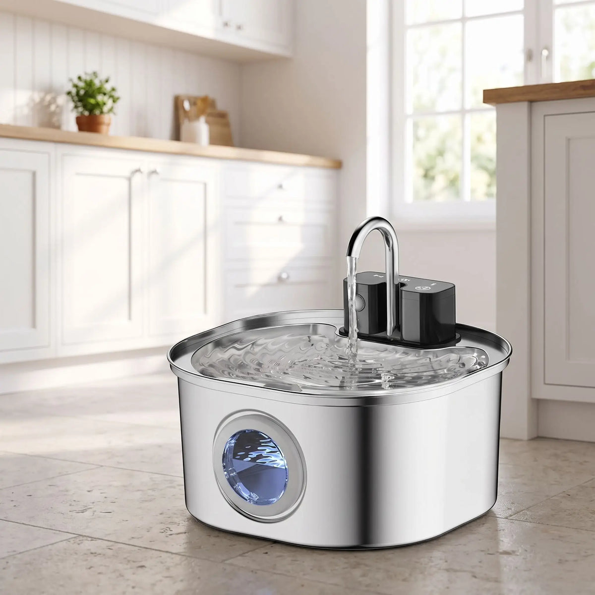 Fontaine-à-eau-chien-distributeur-automatique-inox 304D avec robinet verseur, avec batterie longue durée, rechargeable par USB, sans fil transportable, capacité de 3,2 litres, avec capteur de mouvement, 3 programmes : eau en continue, intermitence ou automatique avec filtre à 3 niveaux (charbon, coton, ions et éponge) design hublot sur le devant pour voir le niveau d'eau-gros plan sur la fontaine à eau automatique en mode intermittence pour chiot et chien de petite à moyenne taille sur le sol de la cuisine 