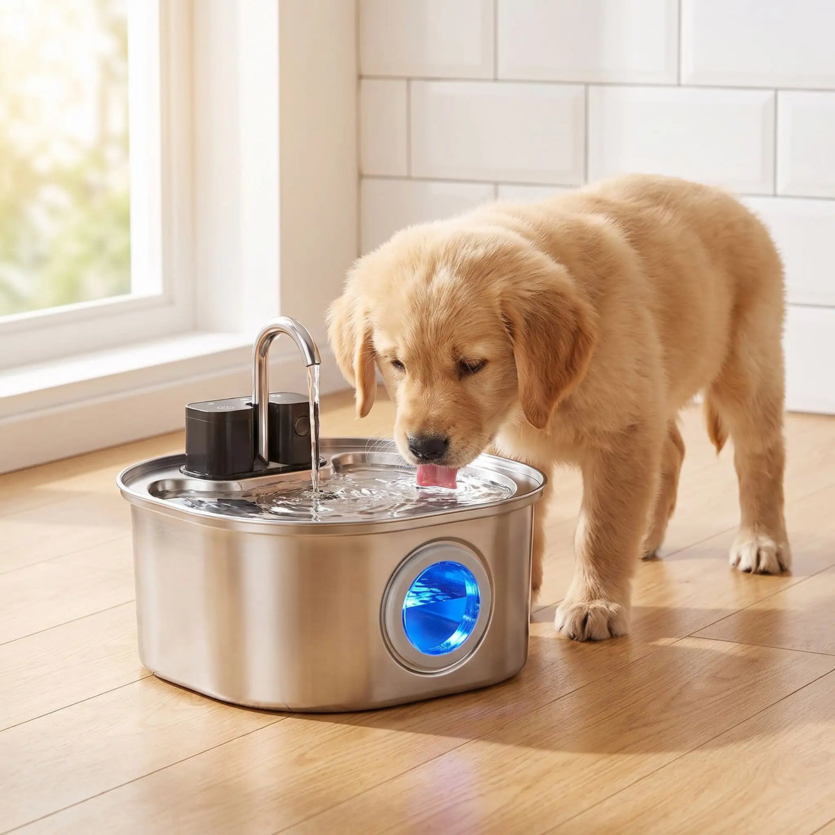 Fontaine-à-eau-chien-distributeur-automatique-inox 304D avec robinet verseur, avec batterie longue durée, rechargeable par USB, sans fil transportable, capacité de 3,2 litres, avec capteur de mouvement, 3 programmes : eau en continue, intermitence ou automatique avec filtre à 3 niveaux (charbon, coton, ions et éponge) design hublot sur le devant pour voir le niveau d'eau-un chiot de grande race qui boit confortablement l'eau fraîche directement à la fontaine à eau automatique posé sur le parquet du salon