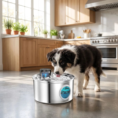 Fontaine-à-eau-pour-chien-automatique-inox SUS304, robuste et hygiénique, ultra-silencieuse démontable et lavable au lave vaisselle, 3 programmes : eau en continue, par intermitence ou par capteur de mouvement, batterie longue durée 45 jours, rechargeable par cable USB fourni, contenance de 3,2 litres,  anti-éclaboussure, 100% étanche, écologique, économique pour une eau oxygénée filtrée, hublot design pour voir le niveau d'eau-un chien qui boit confortablement l'eau fraîche qui s'écoule de la fontaine 