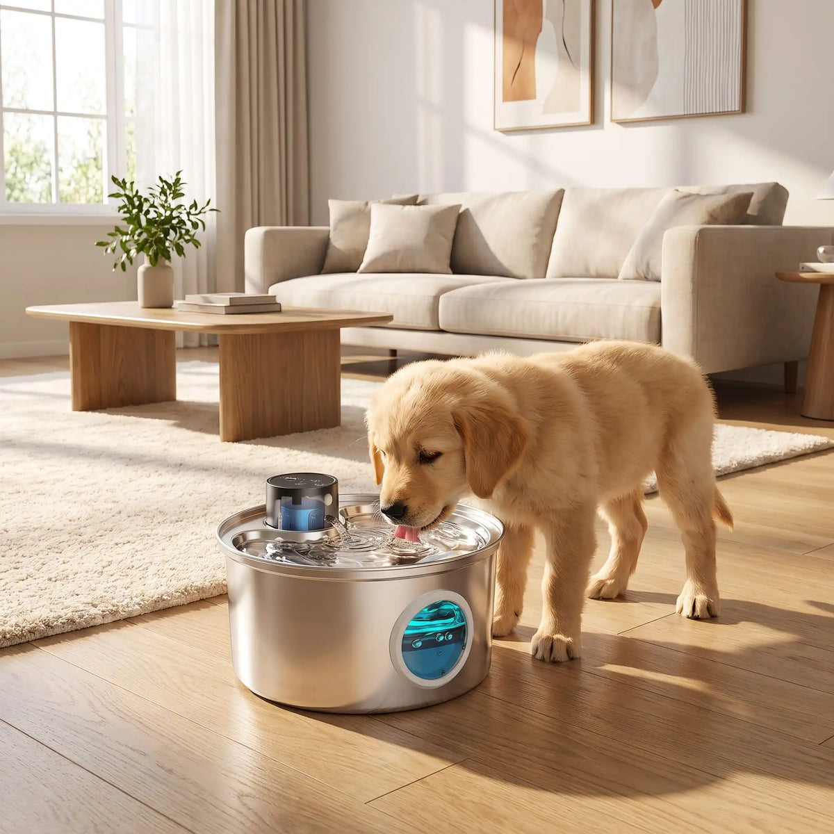 Fontaine-à-eau-pour-chien-automatique-inox SUS304, robuste et hygiénique, ultra-silencieuse démontable et lavable au lave vaisselle, 3 programmes : eau en continu, par intermitence ou par capteur de mouvement, batterie longue durée 45 jours, rechargeable par cable USB fourni, contenance de 3,2 litres, anti-éclaboussure, 100% étanche, écologique, économique pour une eau oxygénée filtrée, hublot design pour voir le niveau d'eau-un chiot qui boit confortablement l'eau saine qui s'écoule de la fontaine 