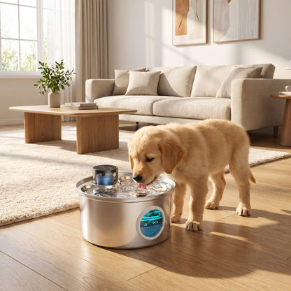 Fontaine-à-eau-pour-chien-automatique-inox SUS304, robuste et hygiénique, ultra-silencieuse démontable et lavable au lave vaisselle, 3 programmes : eau en continu, par intermitence ou par capteur de mouvement, batterie longue durée 45 jours, rechargeable par cable USB fourni, contenance de 3,2 litres, anti-éclaboussure, 100% étanche, écologique, économique pour une eau oxygénée filtrée, hublot design pour voir le niveau d'eau-un chiot qui boit confortablement l'eau saine qui s'écoule de la fontaine 