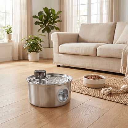 Fontaine-à-eau-pour-chien-automatique-inox SUS304, robuste et hygiénique, ultra-silencieuse démontable et lavable au lave vaisselle, 3 programmes : eau en continue, par intermitence ou par capteur de mouvement, batterie longue durée 45 jours, rechargeable par cable USB fourni, contenance de 3,2 litres,  anti-éclaboussure, 100% étanche, écologique, économique pour une eau oxygénée filtrée, hublot design pour voir le niveau d'eau-gros plan sur la fontaine à eau sans fil en action sur le sol du salon