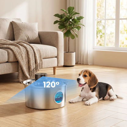 Fontaine-à-eau-pour-chien-automatique-inox SUS304, robuste et hygiénique, ultra-silencieuse démontable et lavable au lave vaisselle, 3 programmes : en continue, intermitence ou par capteur de mouvement, batterie longue durée 45 jours, rechargeable par cable USB fourni, contenance de 3,2 litres, anti-éclaboussure, 100% étanche, écologique, économique pour une eau oxygénée filtrée, hublot design pour voir le niveau d'eau-gros plan sur la fontaine à eau à capteur de mouvement dès 1,5 mètre sur un rayon de 120°