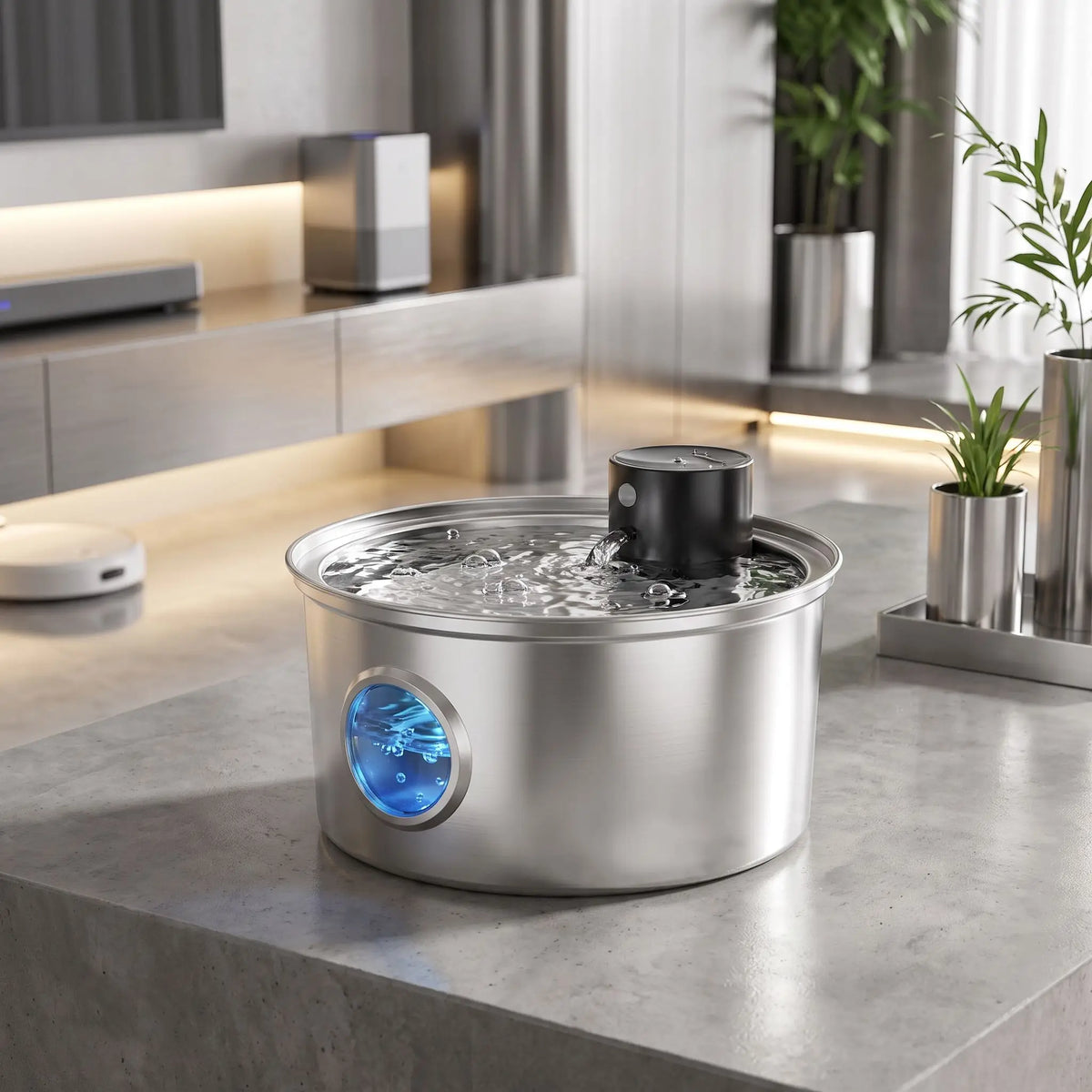 Fontaine-à-eau-pour-chien-automatique-inox SUS304, robuste et hygiénique, ultra-silencieuse démontable et lavable au lave vaisselle, 3 programmes : eau en continue, par intermitence ou par capteur de mouvement, batterie longue durée 45 jours, rechargeable par cable USB fourni, contenance de 3,2 litres,  anti-éclaboussure, 100% étanche, écologique, économique pour une eau oxygénée filtrée, hublot design pour voir le niveau d'eau-gros plan sur la fontaine à eau avec son hublot design éclairé de couleur bleue