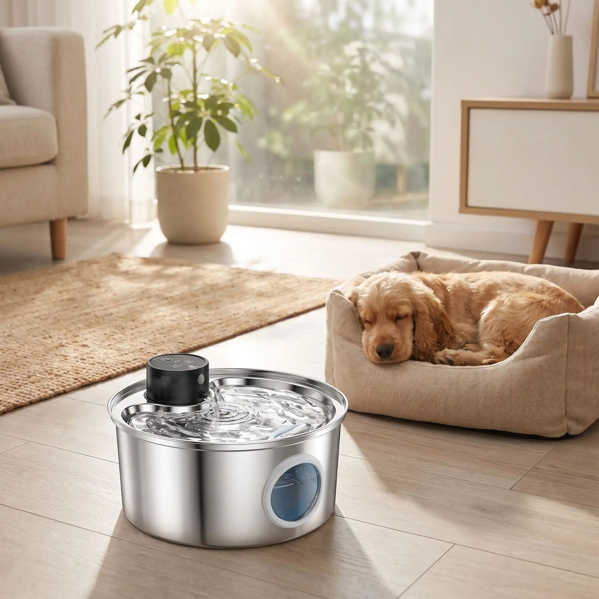 Fontaine-à-eau-pour-chien-automatique-inox SUS304, robuste et hygiénique, ultra-silencieuse démontable et lavable au lave vaisselle, 3 programmes : eau en continue, par intermitence ou par capteur de mouvement, batterie longue durée 45 jours, rechargeable par cable USB fourni, contenance de 3,2 litres,  anti-éclaboussure, 100% étanche, écologique, économique pour une eau oxygénée filtrée, hublot design pour voir le niveau d'eau-gros plan sur la fontaine d'eau en action à côté d'un chien qui dort 