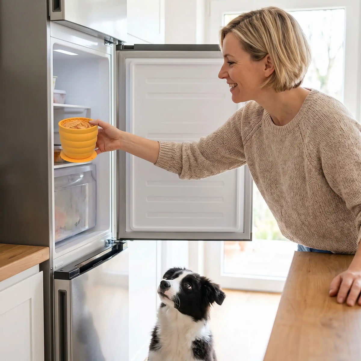 Gamelle-anti-glouton-chien-léchage-en silicone de qualtié alimentaire sans BPA, intérieur conception nid d'abeille avec ventouse intégrale ultra robuste pour le coller partout (mur, sol)  forme haute, idéal pour les races à longues oreilles, compatible lave-vaisselle, firgo et congélateur pour des préparations à lécher diverses, 2 taille S et L pour chiot et chien de toute race, contenance de 550ml à 1 litre-une maitresse qui a garni la gamelle anti-glouton de pâte à fromage et qu'il le met au congélateur 