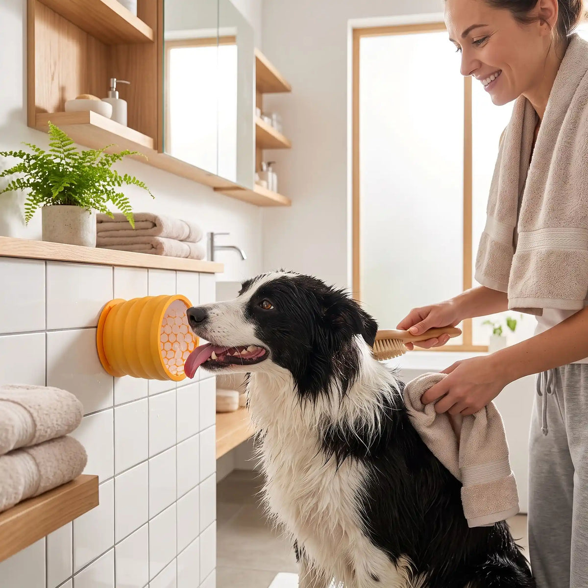 Gamelle-anti-glouton-chien-léchage-en silicone de qualtié alimentaire sans BPA, intérieur conception nid d'abeille avec ventouse intégrale ultra robuste pour le coller partout (mur, sol)  forme haute, idéal pour les races à longues oreilles, compatible lave-vaisselle, firgo et congélateur pour des préparations à lécher , S et L pour chiot et chien de toute race, contenance de 550ml à 1 litre-un chien qui lèche avec  la gamelle anti-glouton par ventouse au mur de la salle de bain où sa maitresse le toilette