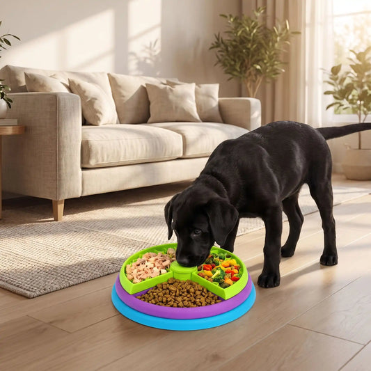 Gamelle-anti-glouton-chien et chiot puzzle-3-niveaux rotatifs avec grilles pour coincées la nourriture sèche, humides, fraiche, déshydratées, démontable et lavable en lave-vaisselle,  PP robuste sans produits toxique de qualité alimentaire sans BPA, ration journalière adapté pour chiot et chien de 0 à 20 kg ou pour un jeu de fouille pour chien de taille moyenne-grande- un chiot labrador qui mange et découvre la gamelle anti glouton en puzzle de 3 niveaux pour débutant,intermédiaire et expert 