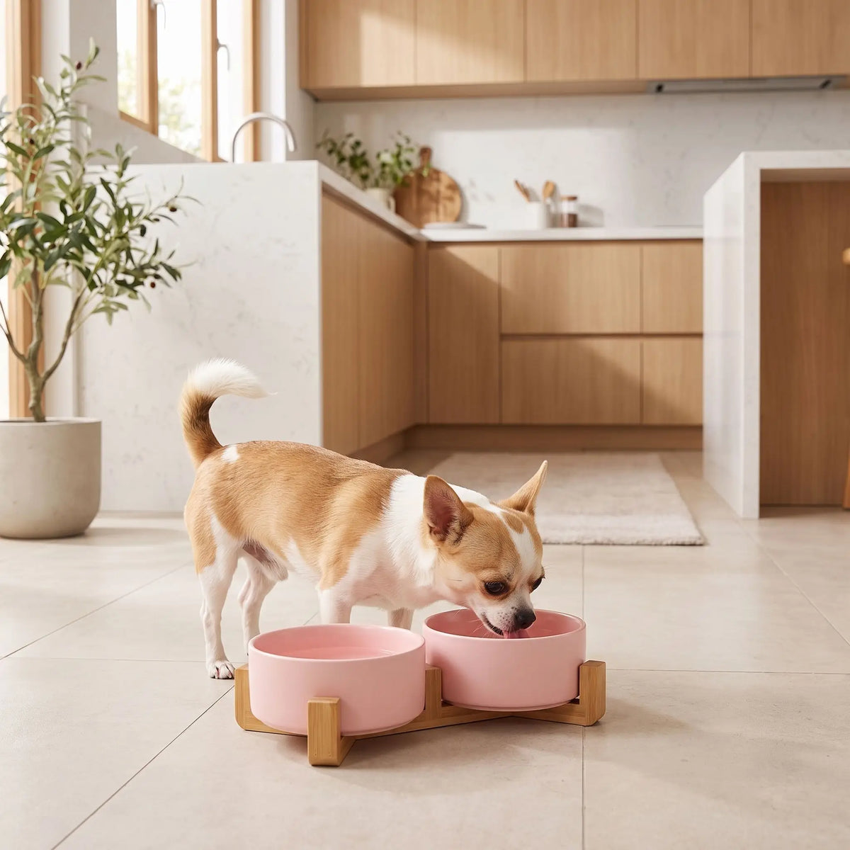 Gamelle-céramique-pour-chien et chiot double-compatible-lave-vaisselle avec son support anti renversement en bambou naturel, 2 gamelles d'une contenance de 350ml chacune soit 700ml au total pour chiot et chien de petite taille de 0 à 6 kilos, disponible en 3 coloris : noir, rose et gris, garanti sans produits toxiques ou chimiques et de qualité alimentaire, robuste et design- un chien de race Toy qui mange confortablement dans sa gamelle double surélevée par le support en bois sur le sol en lino