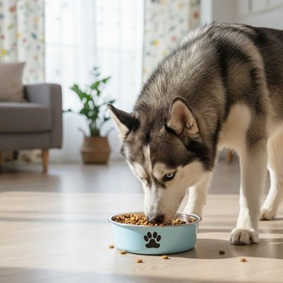 Gamelle chien, chiot, inox 304-3-tailles robuste et indéformable p design hygiénique, lavable en lave-vaisselle avec son fond antidérapant en silicone pour une stabilité à toute épreuve, anti renversement, anti éclaboussures, design noir avec patte de chien, en rose, bleu ou gris disponible en 3 tailles 250/500/1000 ml pour race de chiot ou chien de petite, moyenne, grande taille-un chien moyen qui mange confortablement dans sa gamelle bleue hygiénique avec son fond 100% antidérapant sur le sol du salon