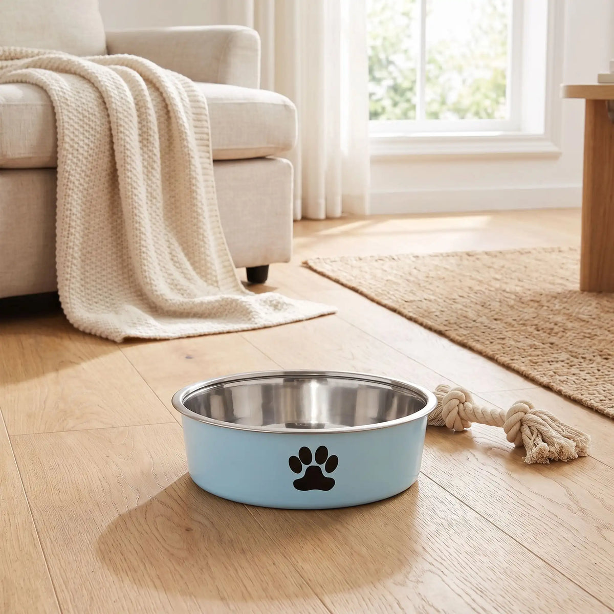 Gamelle chien, chiot, inox 304-3-tailles robuste et indéformable p design hygiénique, lavable en lave-vaisselle avec son fond antidérapant en silicone pour une stabilité à toute épreuve, anti renversement, anti éclaboussures, design noir avec patte de chien, en rose, bleu ou gris disponible en 3 tailles 250/500/1000 ml pour race de chiot ou chien de petite, moyenne, grande taille-gros plan sur la gamelle bleu clair hygiénique avec son fond 100% antidérapant sur le sol en parquet du salon