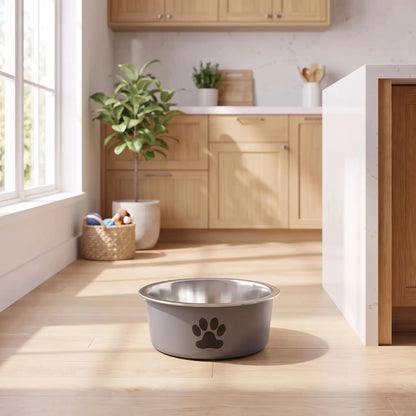 Gamelle chien, chiot, inox 304-3-tailles robuste et indéformable p design hygiénique, lavable en lave-vaisselle avec son fond antidérapant en silicone pour une stabilité à toute épreuve, anti renversement, anti éclaboussures, design noir avec patte de chien, en rose, bleu ou gris disponible en 3 tailles 250/500/1000 ml pour race de chiot ou chien de petite, moyenne, grande taille-gros plan sur la gamelle grise hygiénique avec son fond 100% antidérapant sur le sol en parquet de la cuisine