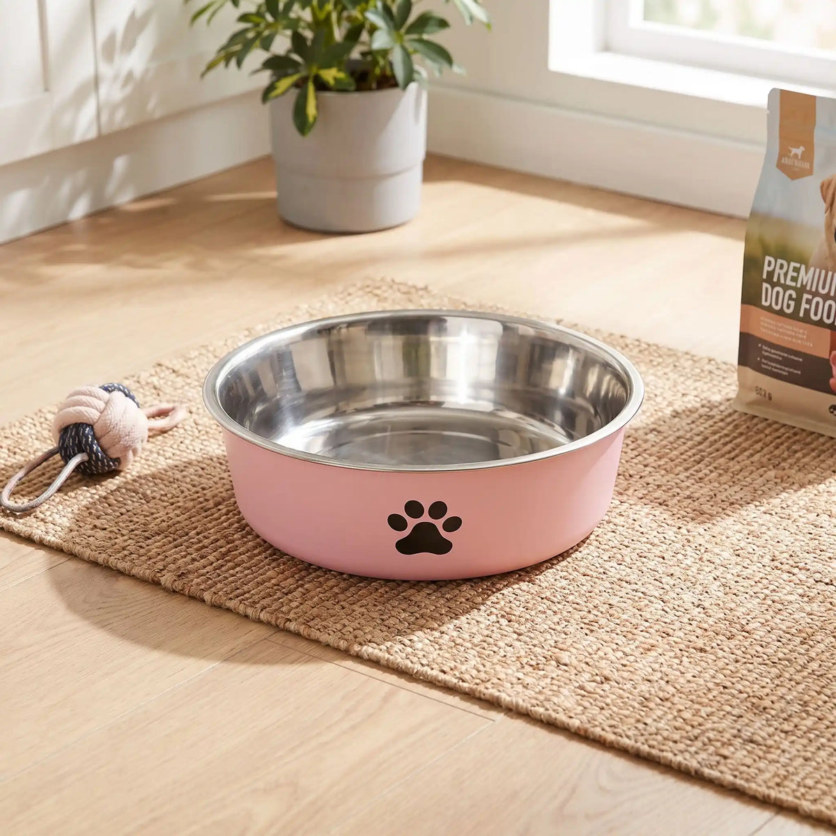 Gamelle chien, chiot, inox 304-3-tailles robuste et indéformable p design hygiénique, lavable en lave-vaisselle avec son fond antidérapant en silicone pour une stabilité à toute épreuve, anti renversement, anti éclaboussures, design noir avec patte de chien, en rose, bleu ou gris disponible en 3 tailles 250/500/1000 ml pour race de chiot ou chien de petite, moyenne, grande taille-gros plan sur la gamelle rose hygiénique avec son fond 100% antidérapant design avec sa patte de chien sur le sol de la cuisine